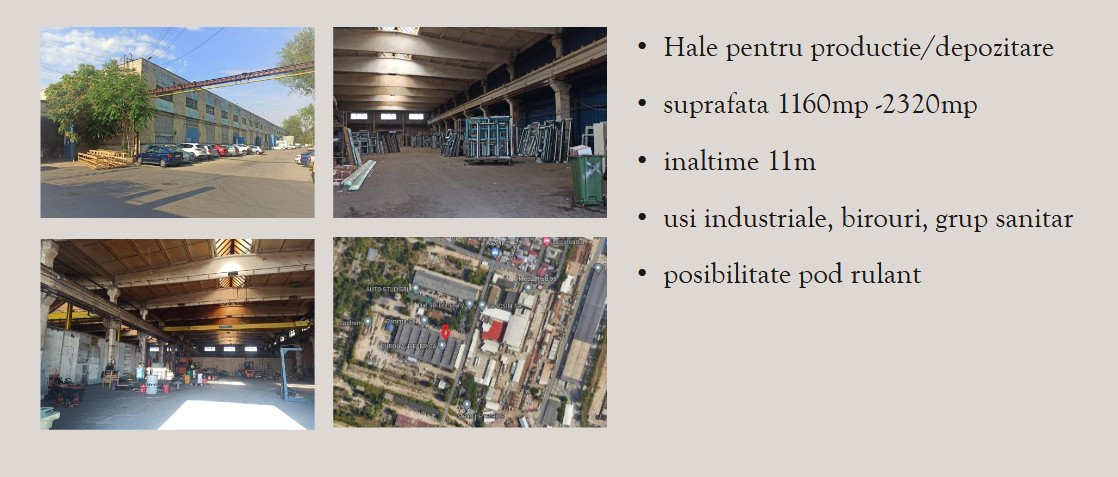 Hale pentru productie si  spatii de depozitare cu suprafete intre 50 si 2300 mp